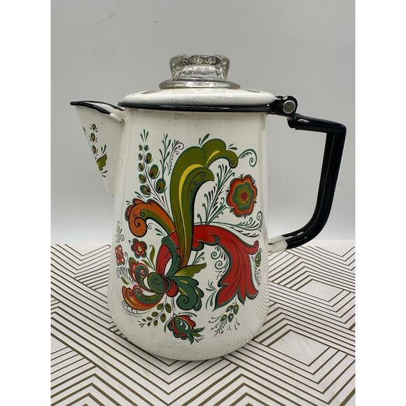 Vintage Large Berggren Swedish Folk Art Enamelware Coffee Pot Percolator Flowers - Picture 1 of 6